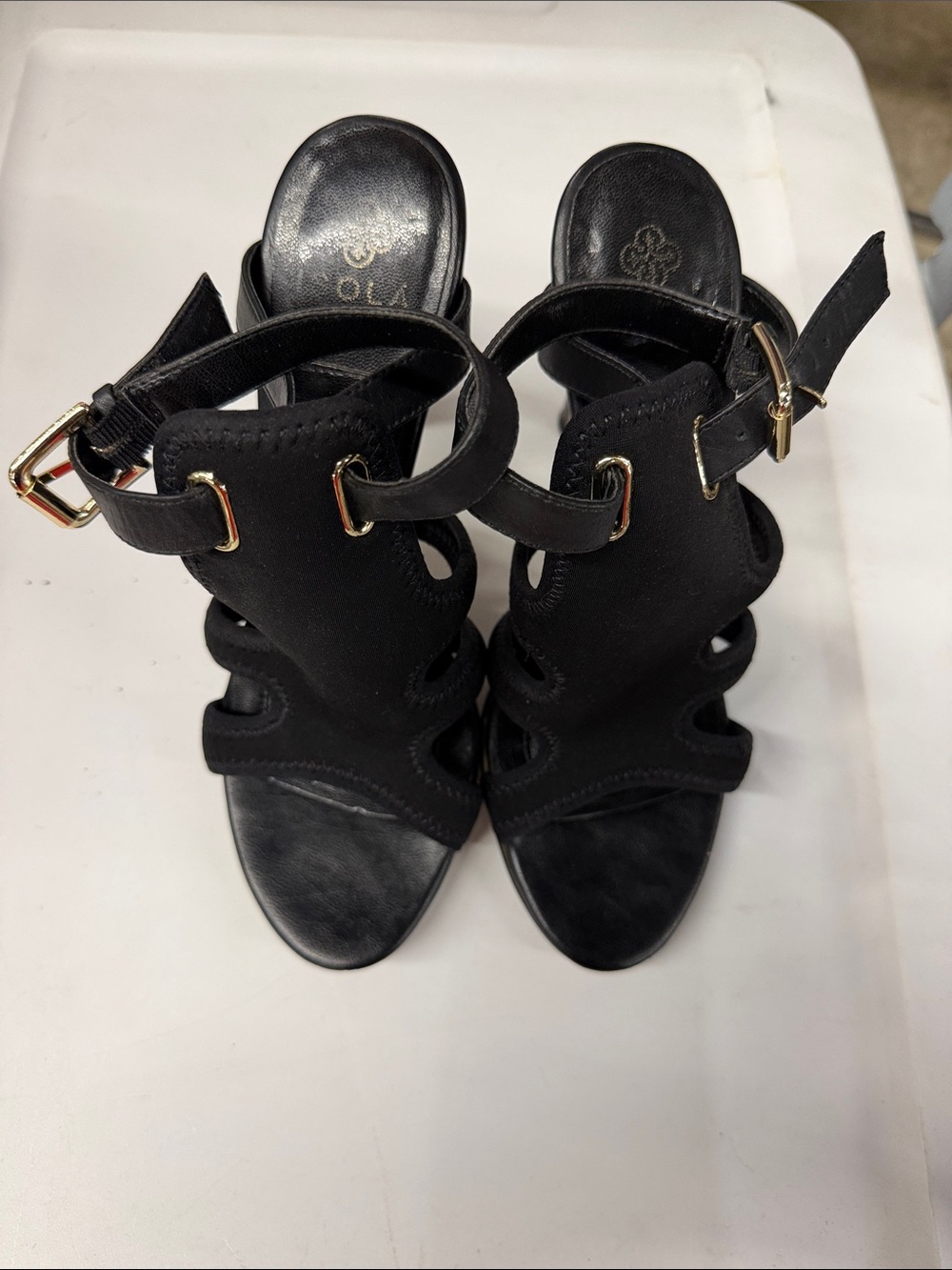 Isola Black Cutout Strappy Heeled Sandals with Gold Buckles